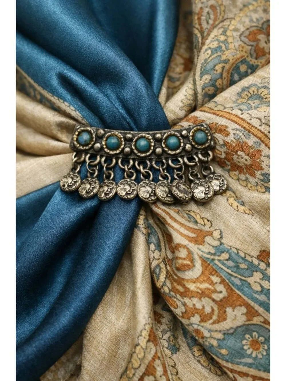 Germany Turquoise Brooch Pin Fringe Coins Silver Celtic Ethnic Hat Scarf Lapel